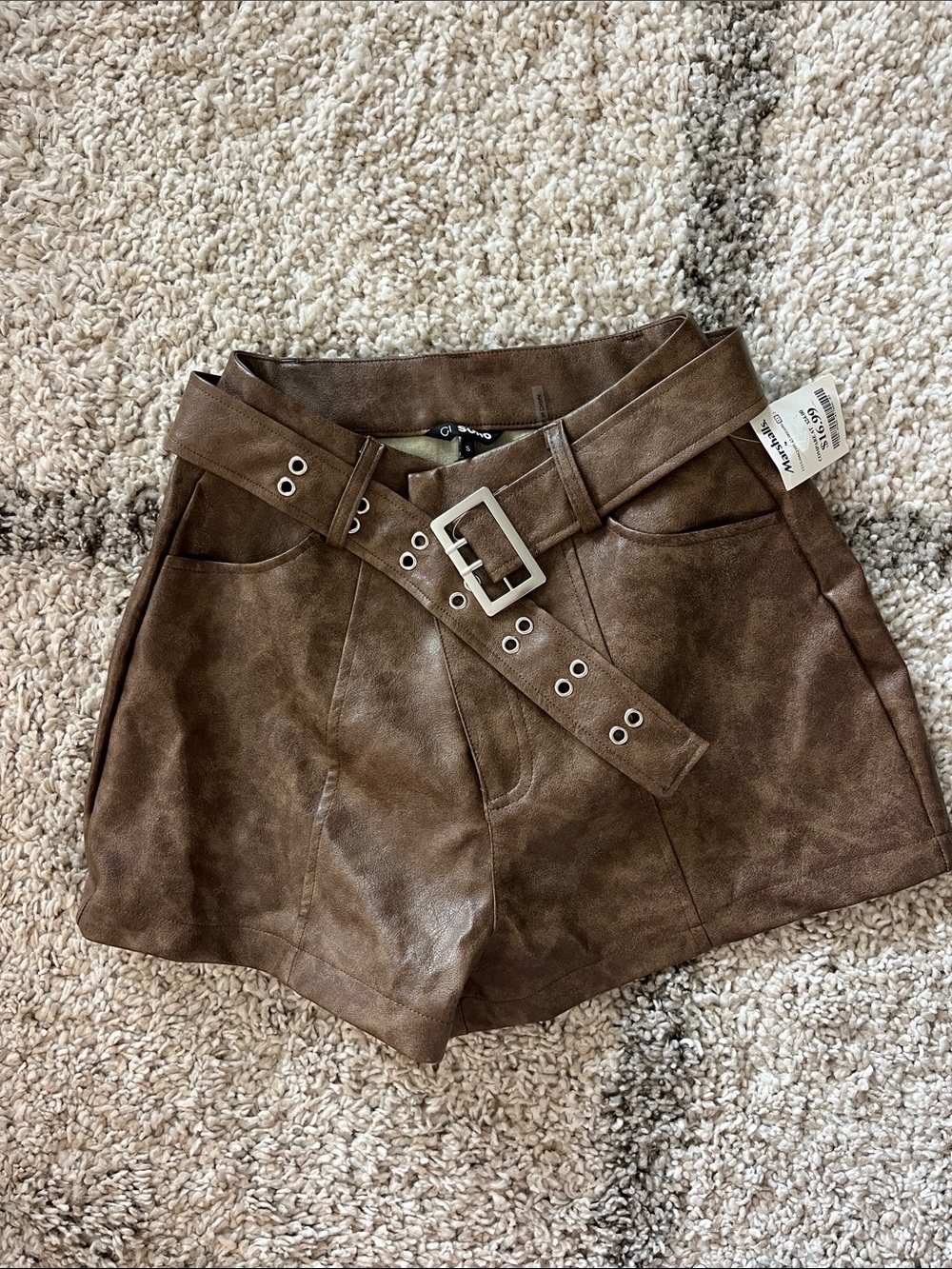 Ci Sono Brown High-Waist Faux Leather Shorts with Belt NWT